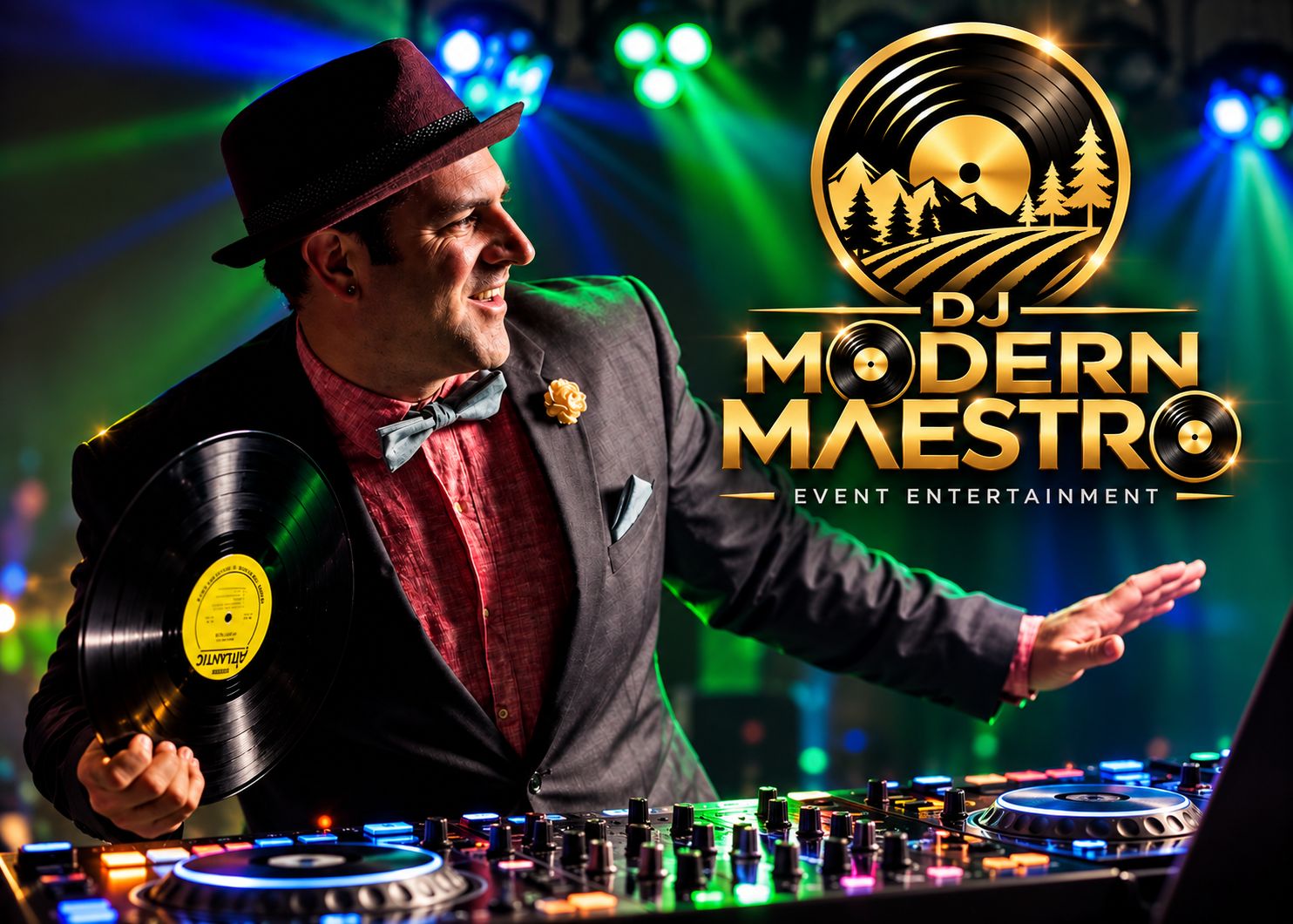 DJ Modern Maestro Event Entertainment: Bryce Williams in a fedora and bow tie holding a vinyl record behind his DJ controller under green and blue stage lights