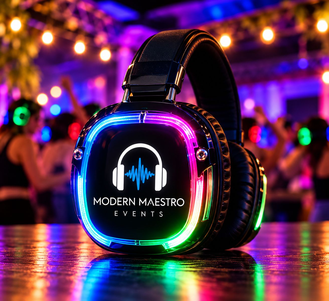 Modern Maestro Events silent-disco headphones glowing blue, pink and green on a table, with guests dancing in lit headphones behind