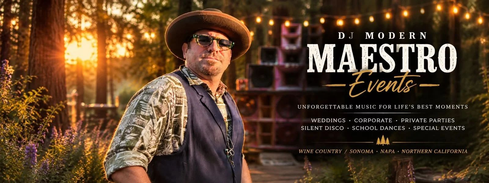 DJ Modern Maestro Events banner: Bryce in a vest and fedora under string lights. Weddings, corporate, private parties, silent disco, school dances and special events across Wine Country, Sonoma, Napa and Northern California